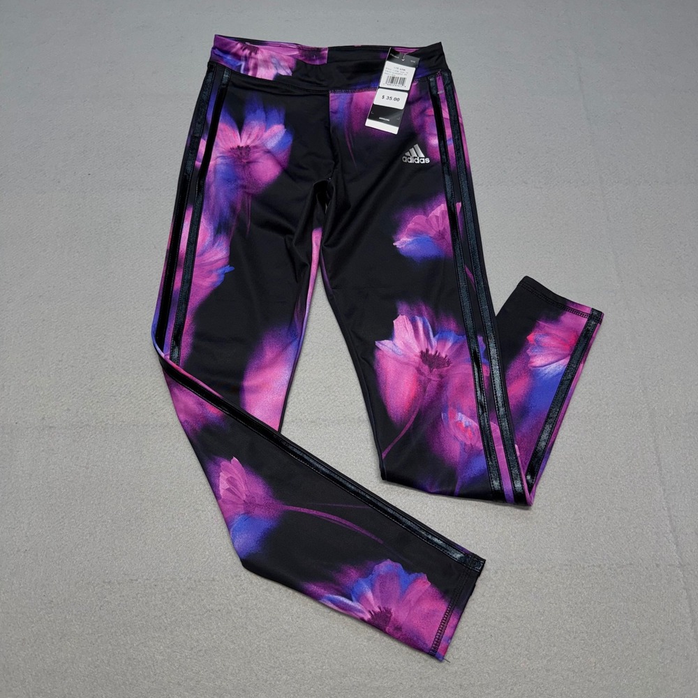 NWT Adidas All Over Print Floral Tights Girls Size L(14) Black Leggings Athletic
